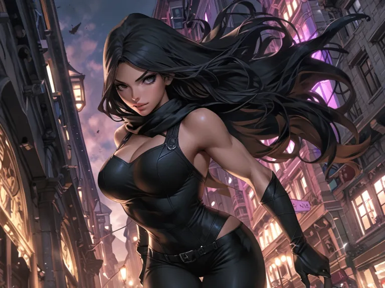 A female spy running through the city at night
