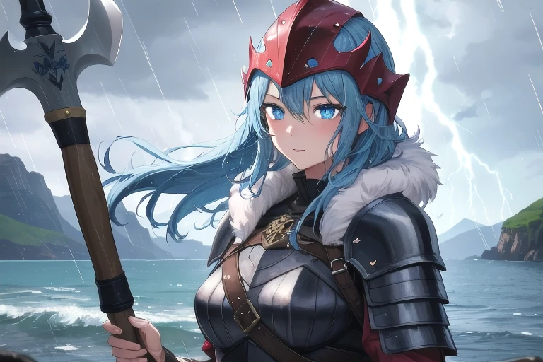 A female Viking with blue hair.