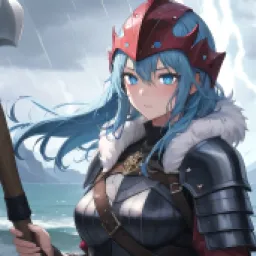 A female Viking with blue hair.