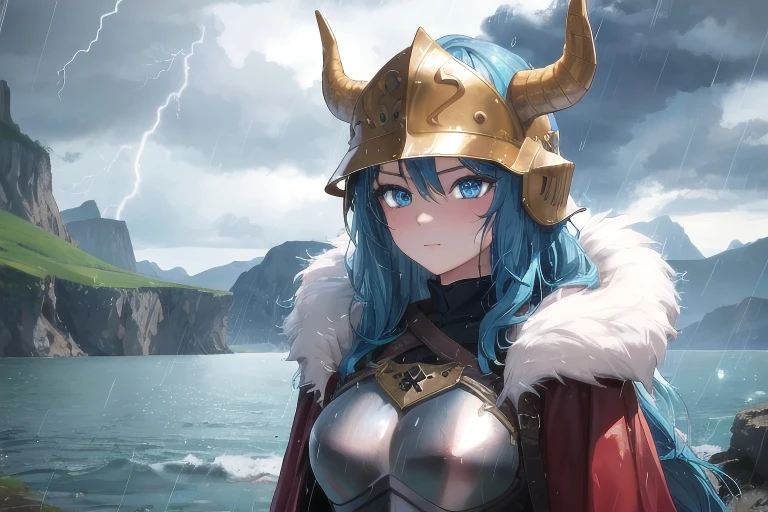 A female Viking with blue hair.