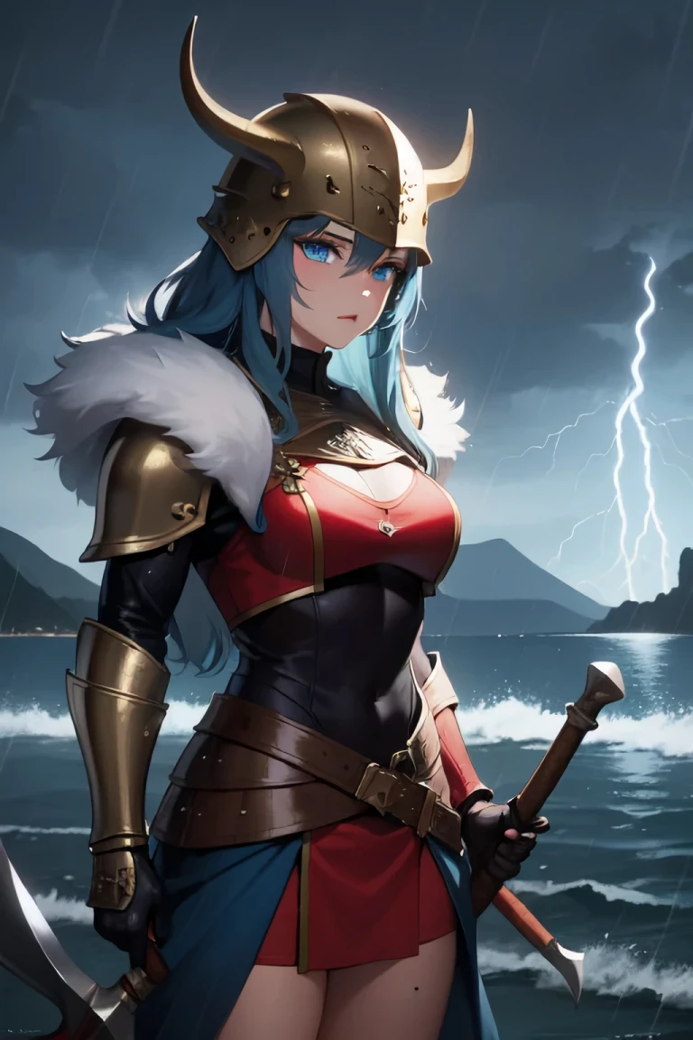 A female Viking with blue hair.