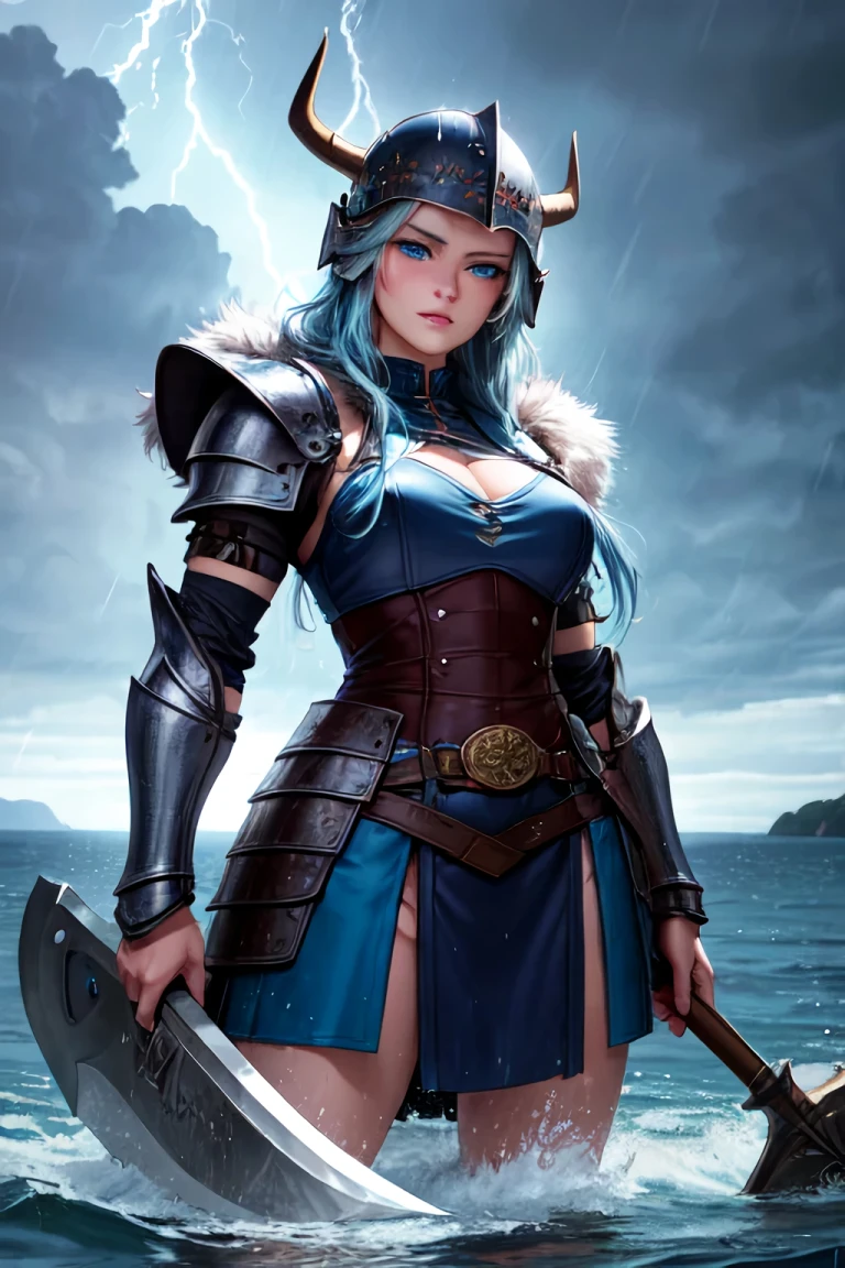 A female Viking with blue hair.