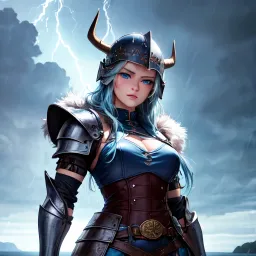 A female Viking with blue hair.