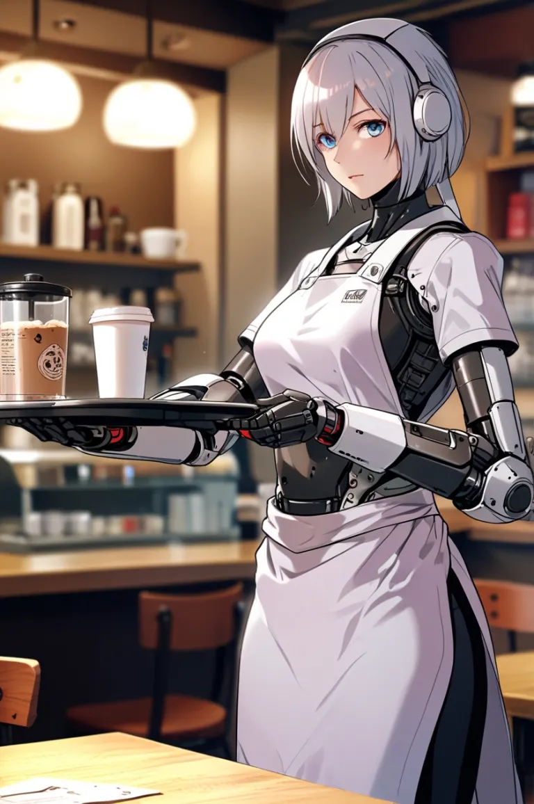 A female robot serving customers