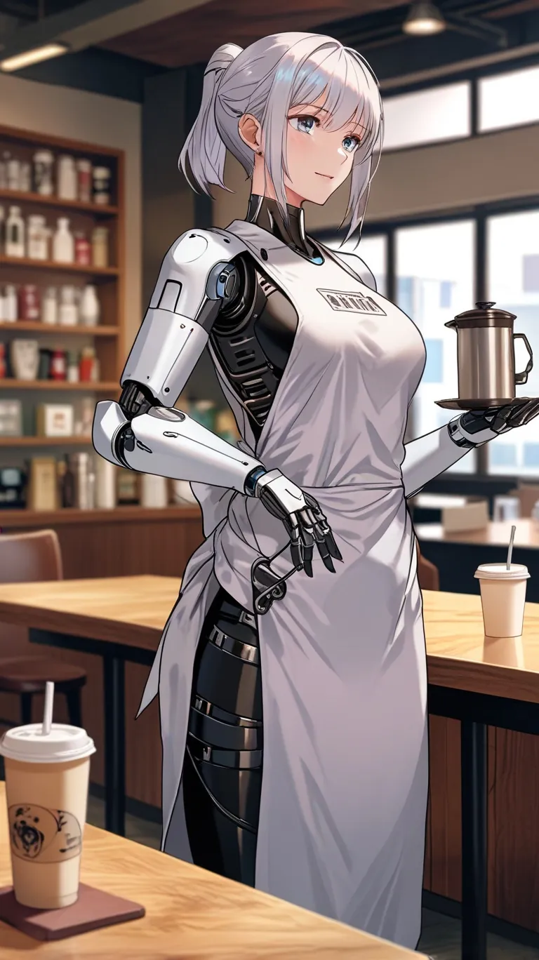 A female robot serving customers