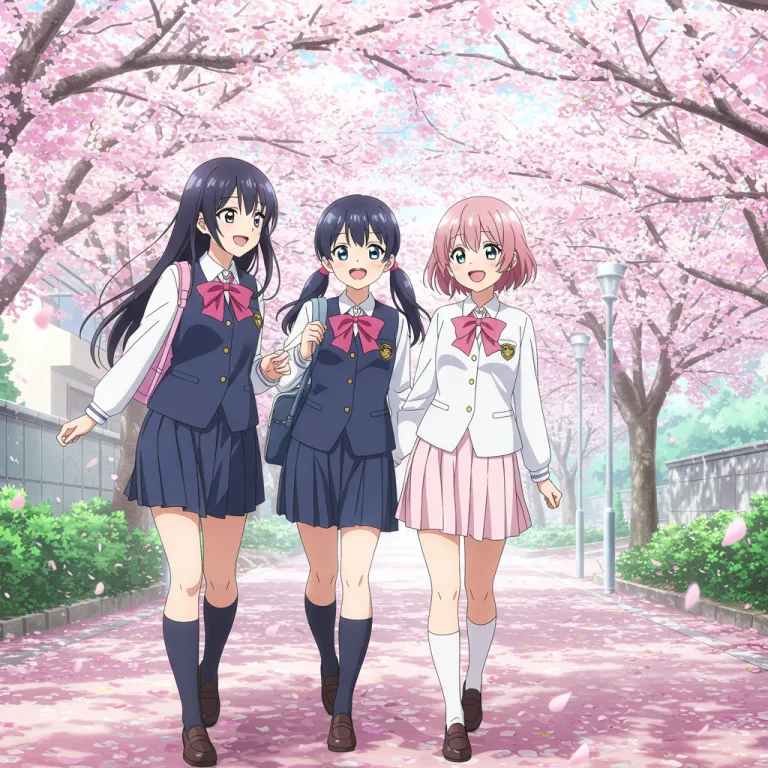 Freshmen in uniform walking down Sakura Street