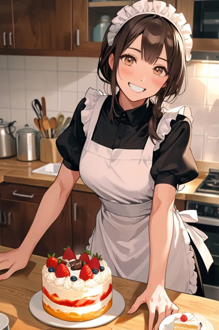 A maid making a cake.