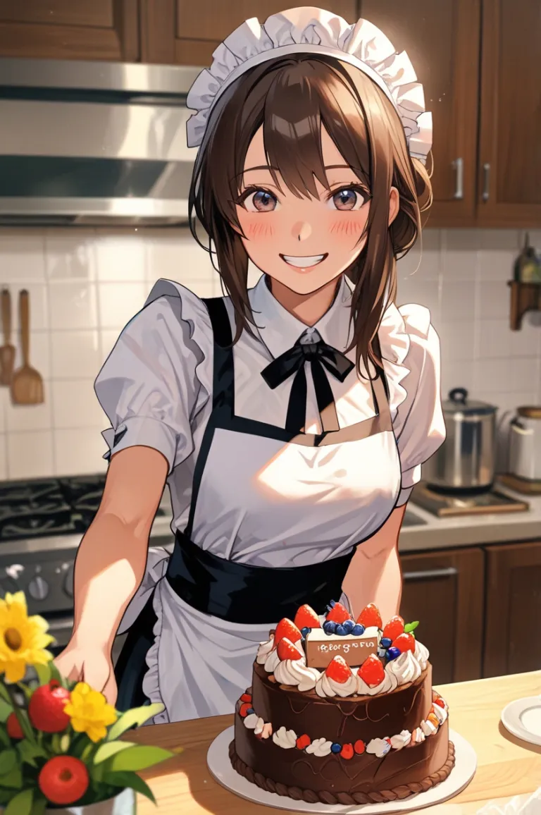 A maid making a cake.