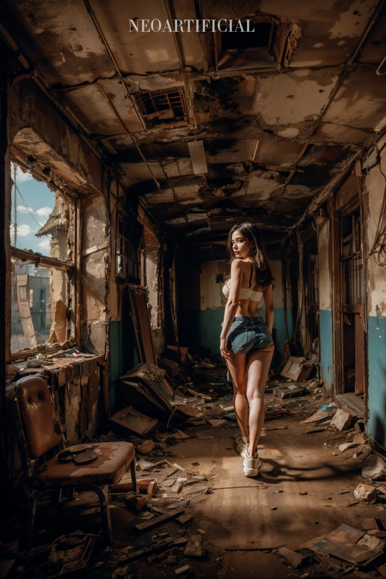 Girl in dilapidated school