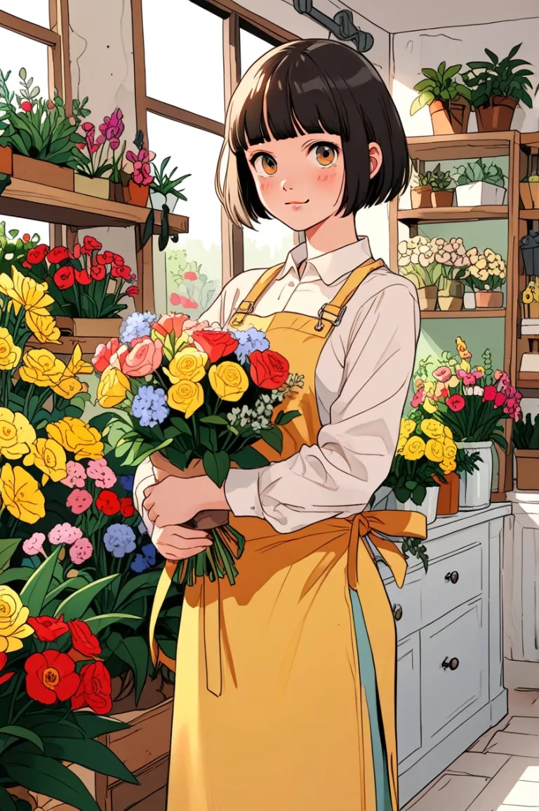 A young lady with bob hair who works at a flower shop.