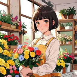 A young lady with bob hair who works at a flower shop.