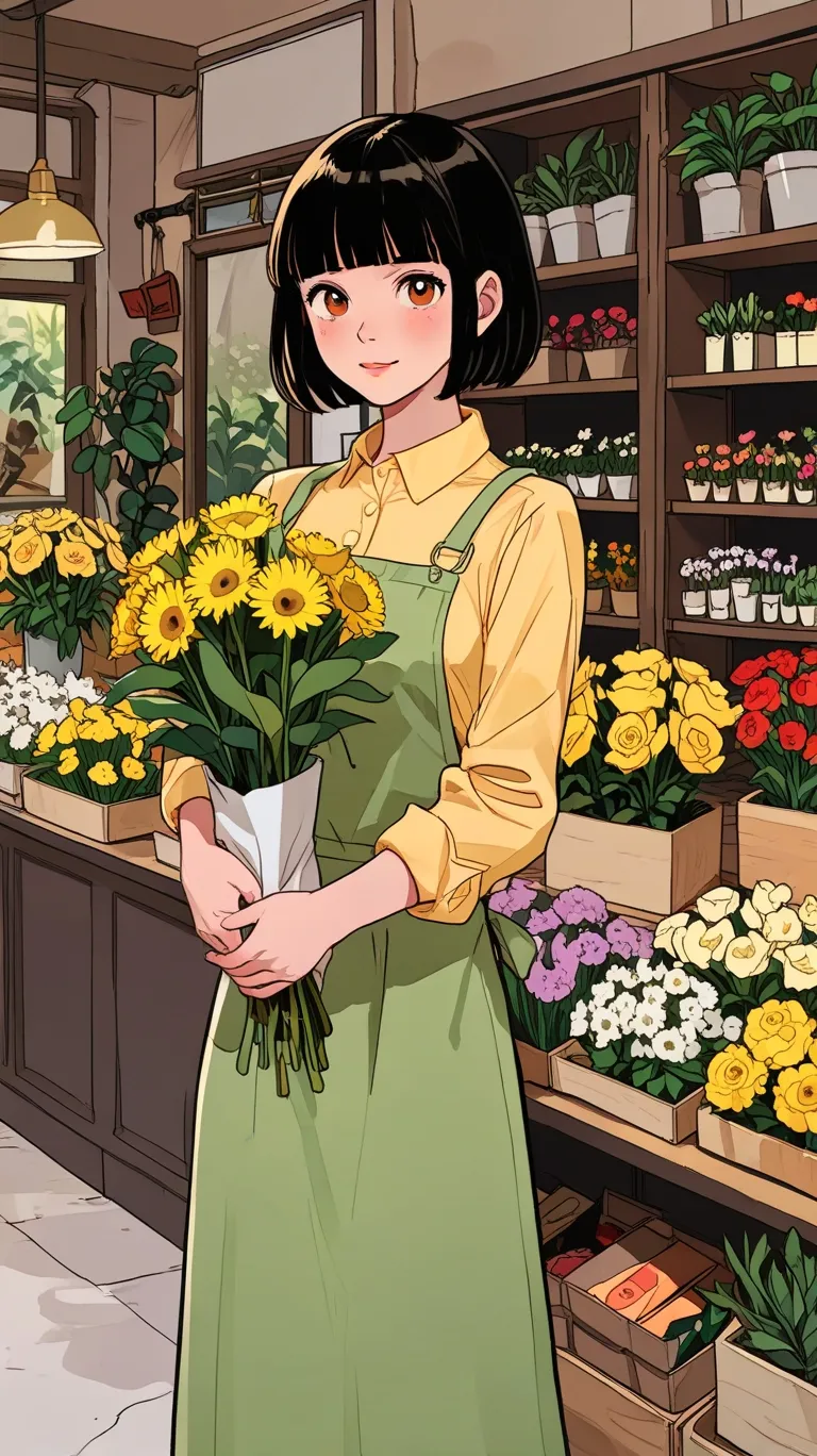 A young lady with bob hair who works at a flower shop.