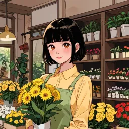 A young lady with bob hair who works at a flower shop.