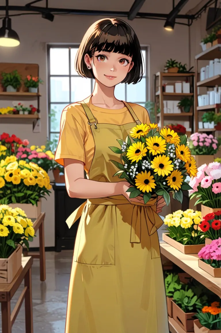 A young lady with bob hair who works at a flower shop.