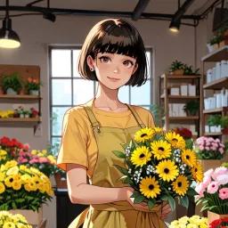 A young lady with bob hair who works at a flower shop.