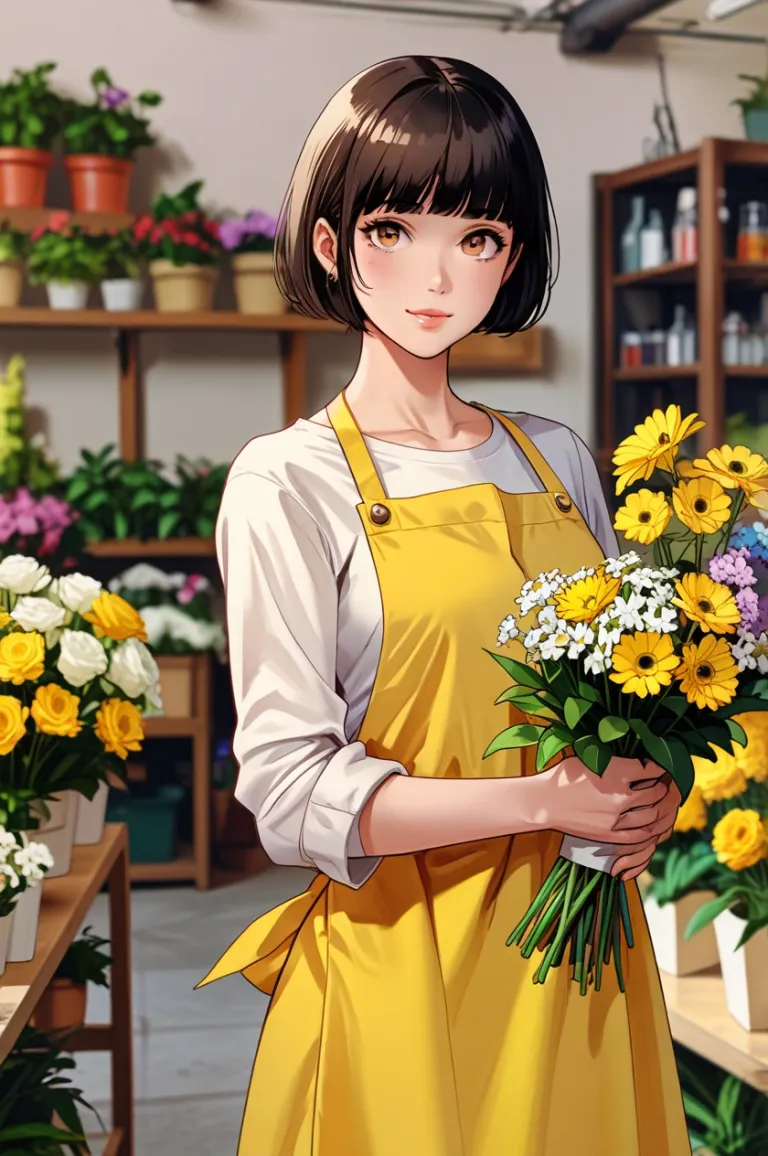 A young lady with bob hair who works at a flower shop.