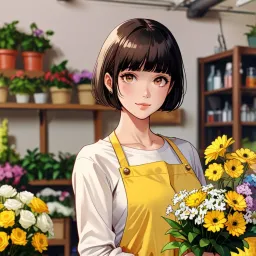 A young lady with bob hair who works at a flower shop.